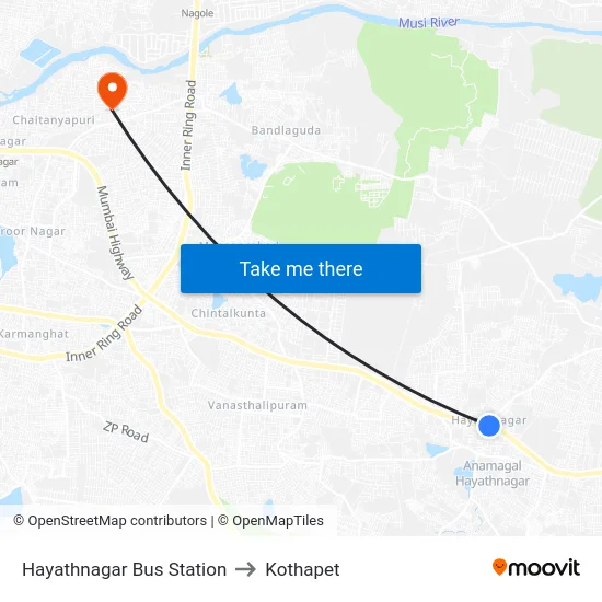 Hayathnagar Bus Station to Kothapet map