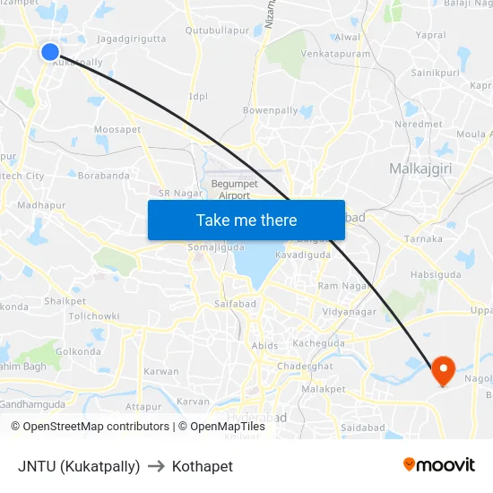 JNTU (Kukatpally) to Kothapet map
