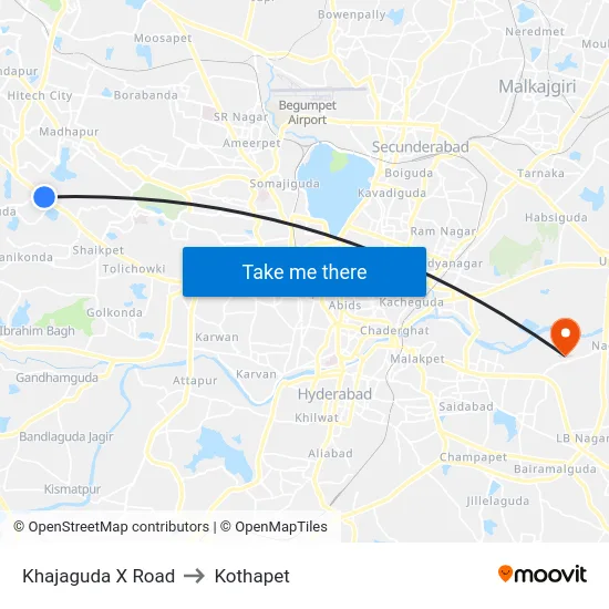 Khajaguda X Road to Kothapet map