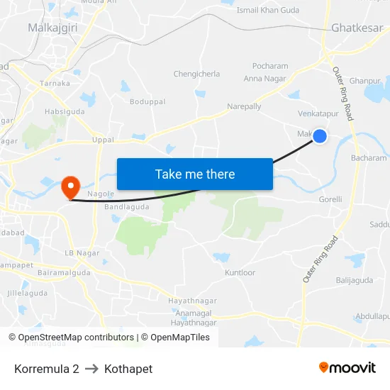 Korremula 2 to Kothapet map