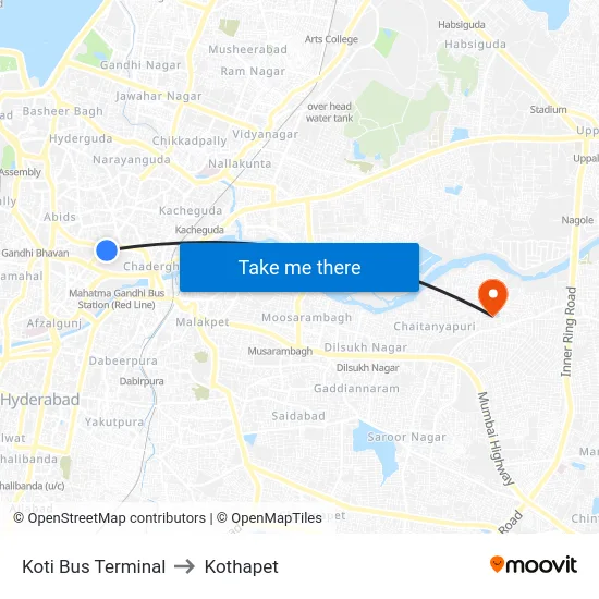 Koti Bus Terminal to Kothapet map