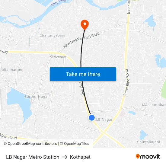 LB Nagar Metro Station to Kothapet map