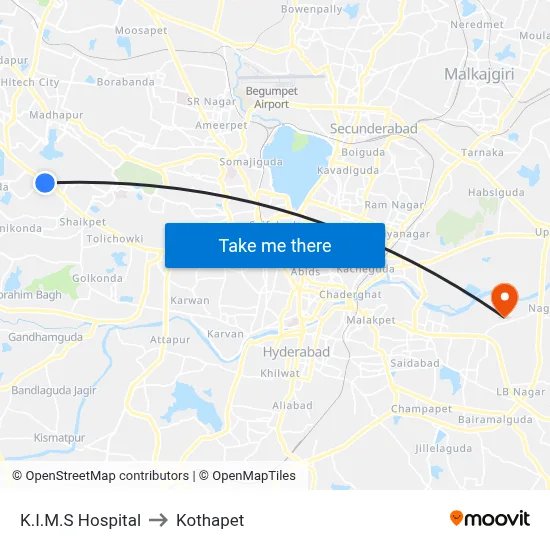 K.I.M.S Hospital to Kothapet map