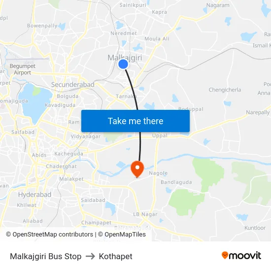 Malkajgiri Bus Stop to Kothapet map