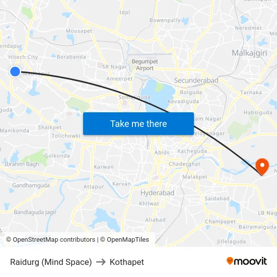 Raidurg (Mind Space) to Kothapet map