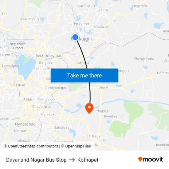 Dayanand Nagar Bus Stop to Kothapet map