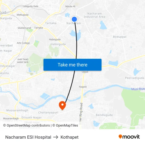 Nacharam ESI Hospital to Kothapet map