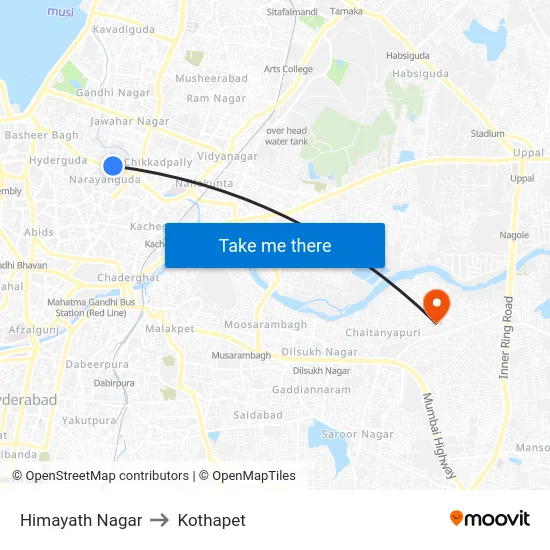Himayath Nagar to Kothapet map