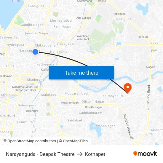 Narayanguda - Deepak Theatre to Kothapet map