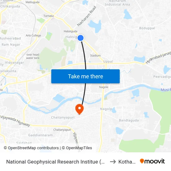 National Geophysical Research Institue (N.G.R.I) to Kothapet map