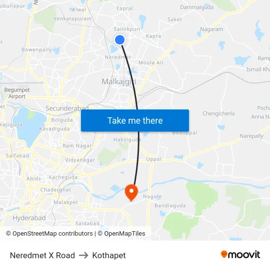 Neredmet X Road to Kothapet map