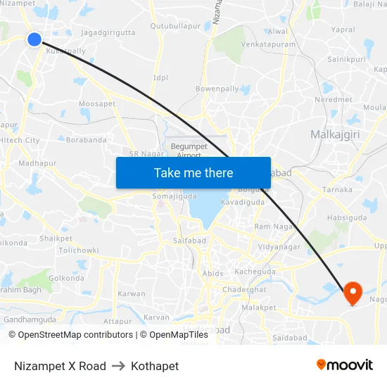 Nizampet X Road to Kothapet map