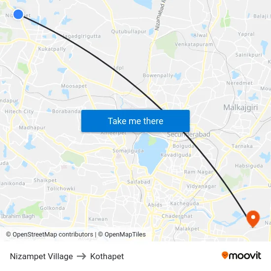 Nizampet Village to Kothapet map