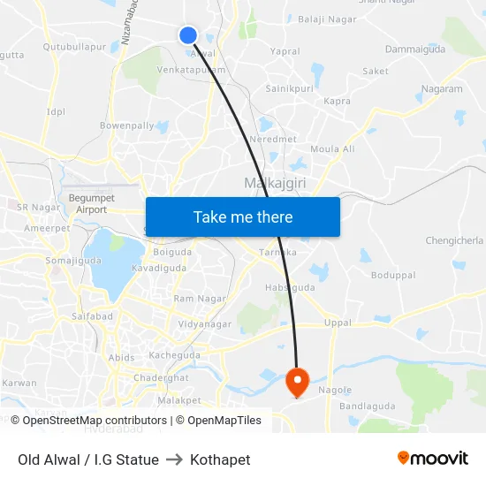 Old Alwal / I.G Statue to Kothapet map
