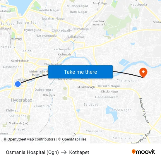 Osmania Hospital (Ogh) to Kothapet map