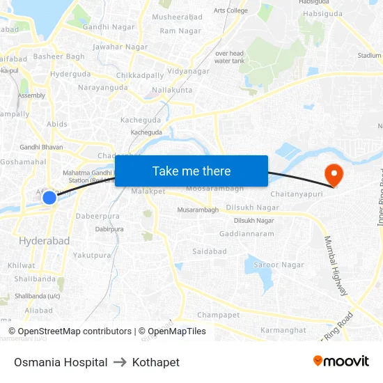 Osmania Hospital to Kothapet map