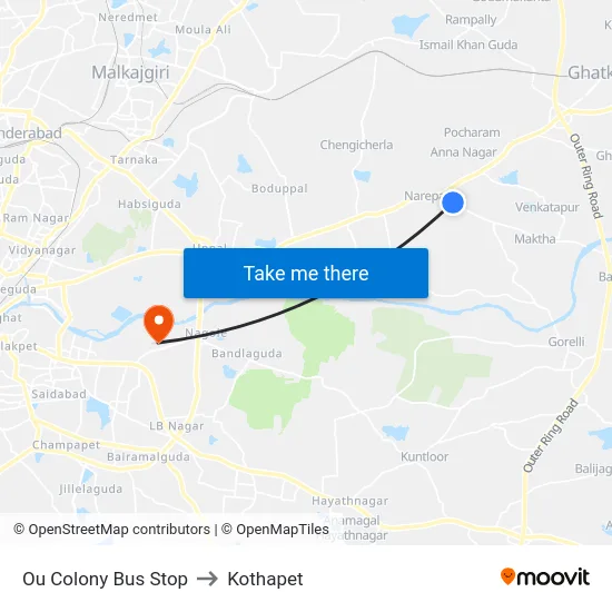 Ou Colony Bus Stop to Kothapet map