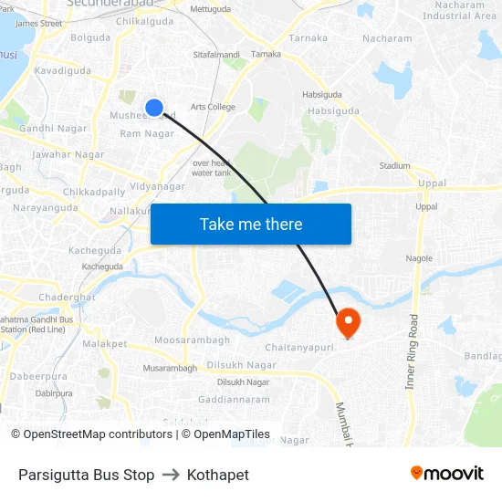 Parsigutta Bus Stop to Kothapet map