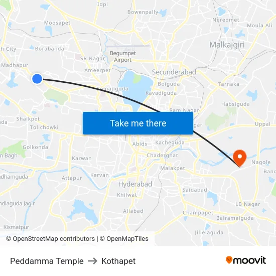 Peddamma Temple to Kothapet map