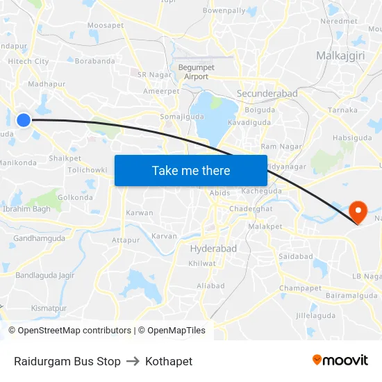 Raidurgam Bus Stop to Kothapet map