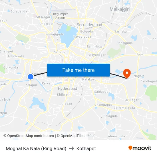 Moghal Ka Nala (Ring Road) to Kothapet map