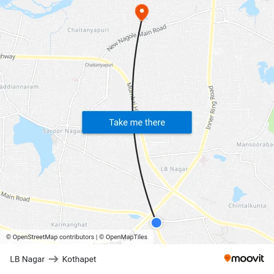 LB Nagar to Kothapet map