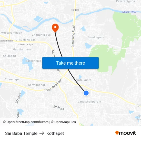 Sai Baba Temple to Kothapet map
