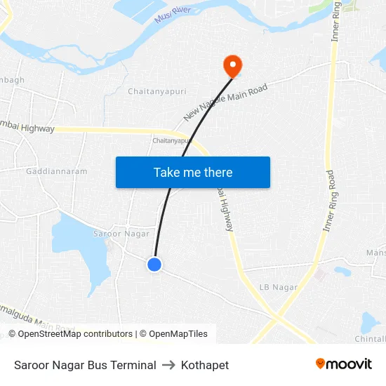 Saroor Nagar Bus Terminal to Kothapet map