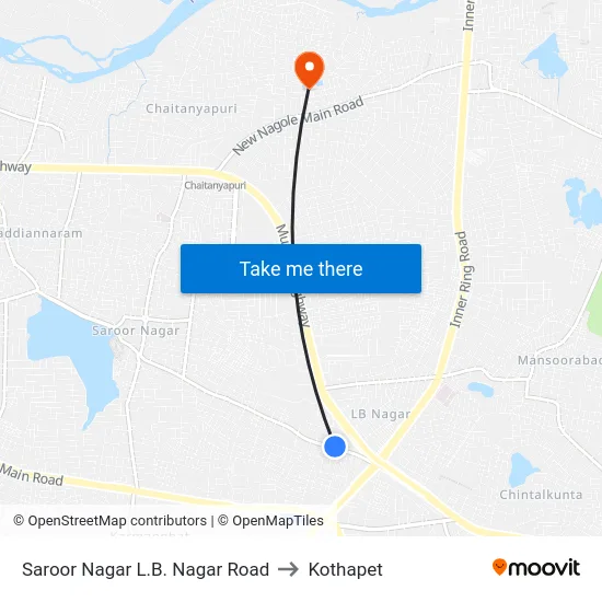 Saroor Nagar L.B. Nagar Road to Kothapet map