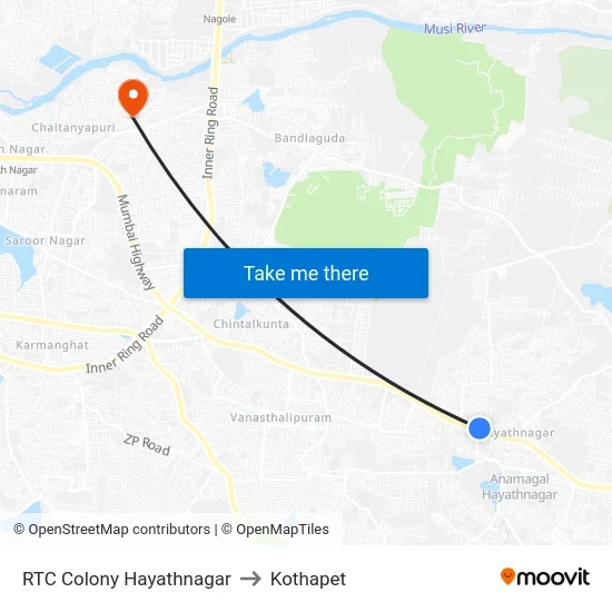 RTC Colony Hayathnagar to Kothapet map