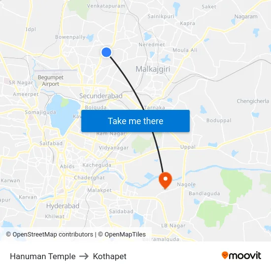 Hanuman Temple to Kothapet map