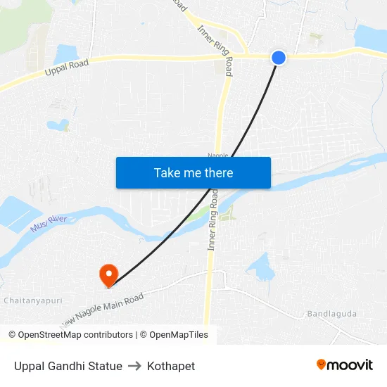 Uppal Gandhi Statue to Kothapet map