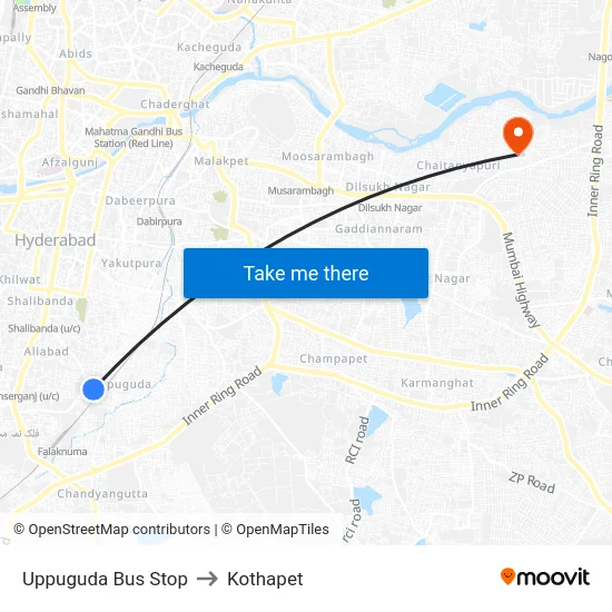 Uppuguda Bus Stop to Kothapet map
