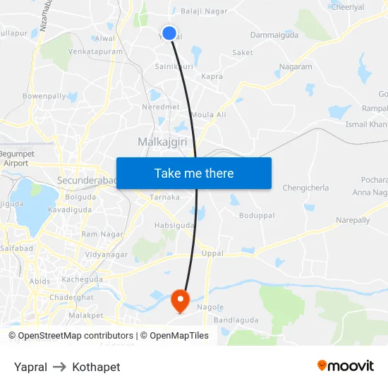 Yapral to Kothapet map