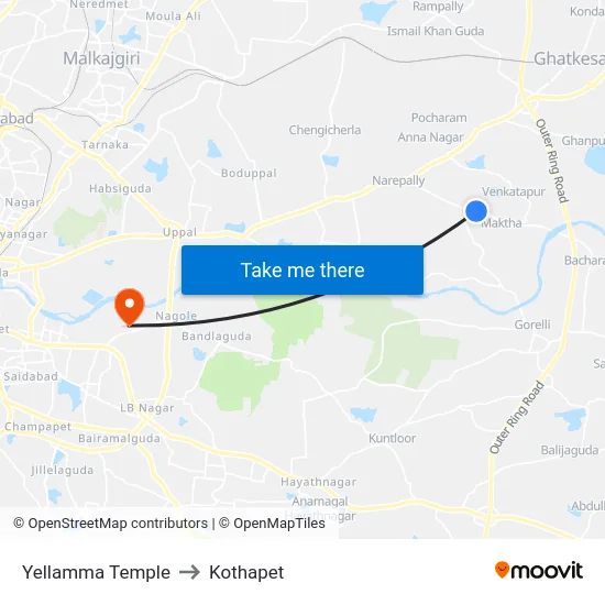 Yellamma Temple to Kothapet map