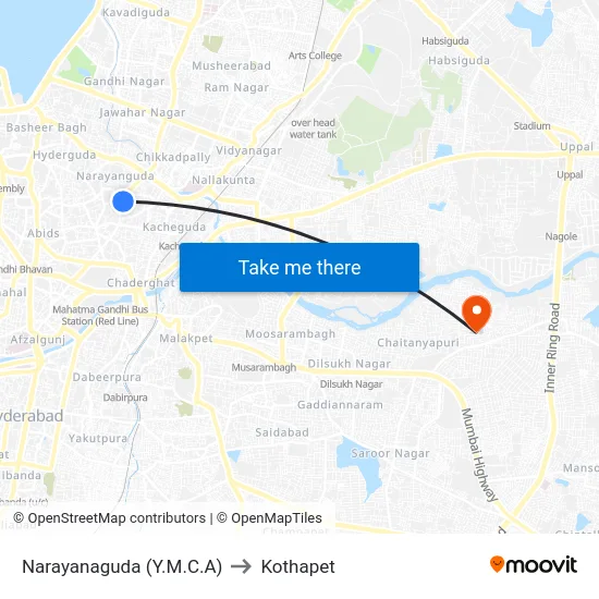 Narayanaguda (Y.M.C.A) to Kothapet map