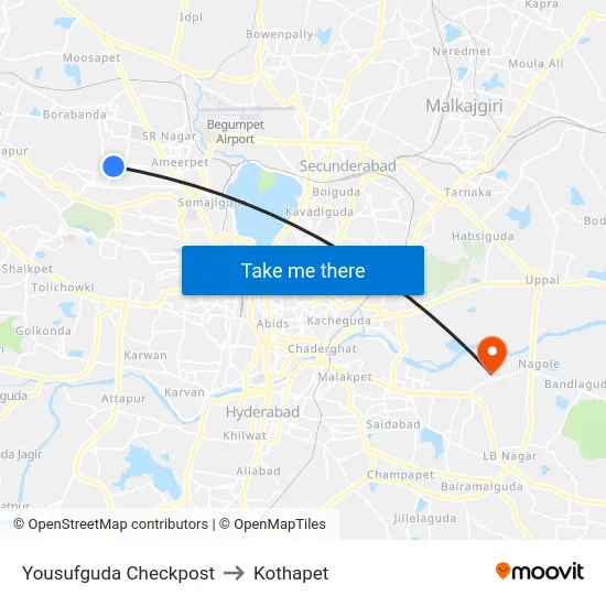 Yousufguda Checkpost to Kothapet map
