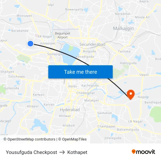Yousufguda Checkpost to Kothapet map