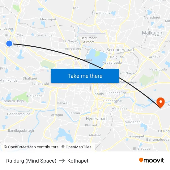 Raidurg (Mind Space) to Kothapet map