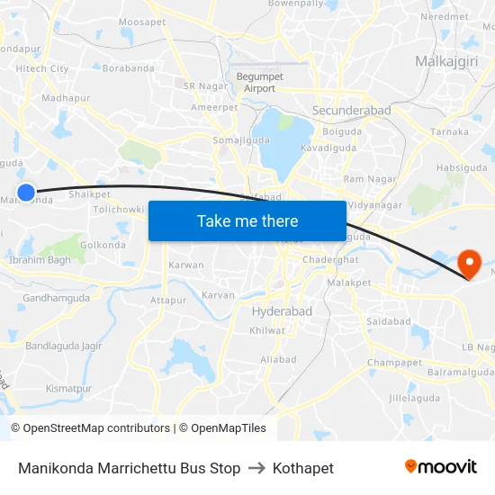 Manikonda Marrichettu Bus Stop to Kothapet map