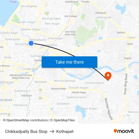 Chikkadpally Bus Stop to Kothapet map