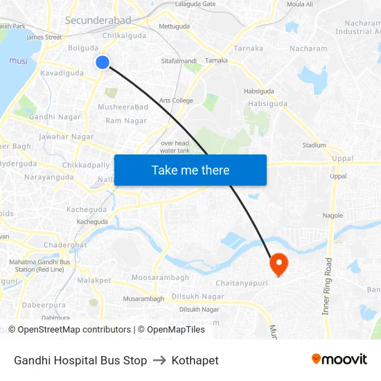 Gandhi Hospital Bus Stop to Kothapet map