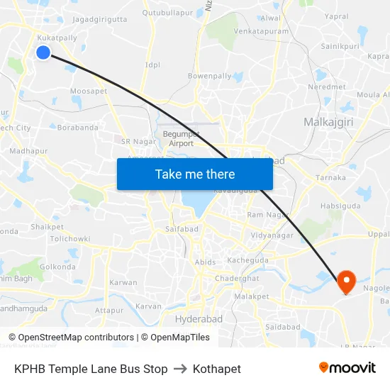 KPHB Temple Lane Bus Stop to Kothapet map