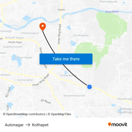 Autonagar to Kothapet map