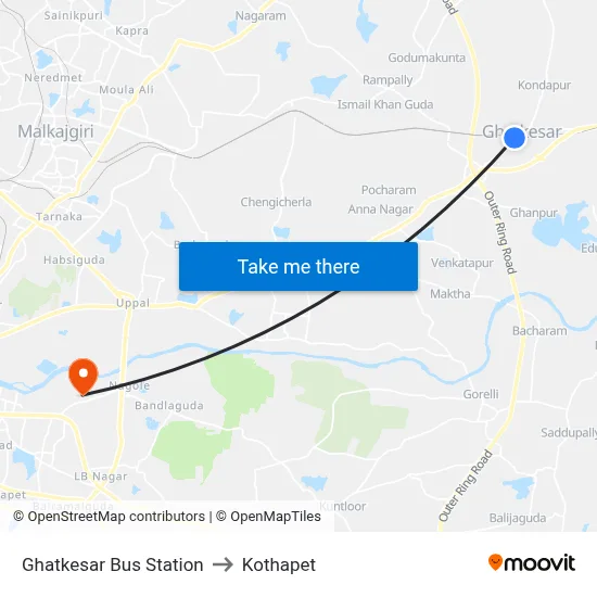 Ghatkesar Bus Station to Kothapet map