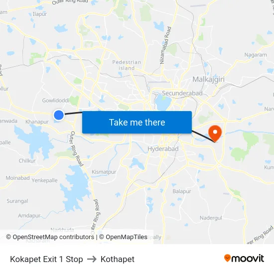Kokapet Exit 1 Stop to Kothapet map