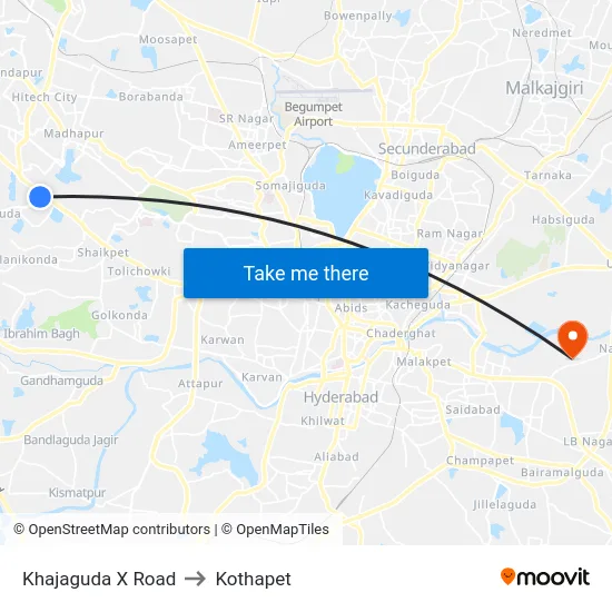 Khajaguda X Road to Kothapet map