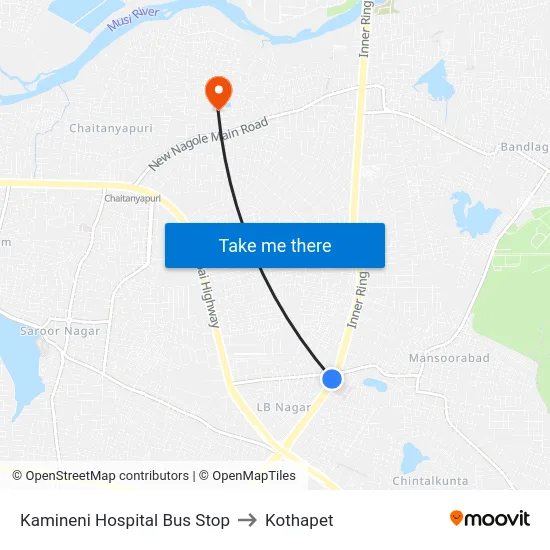 Kamineni Hospital Bus Stop to Kothapet map