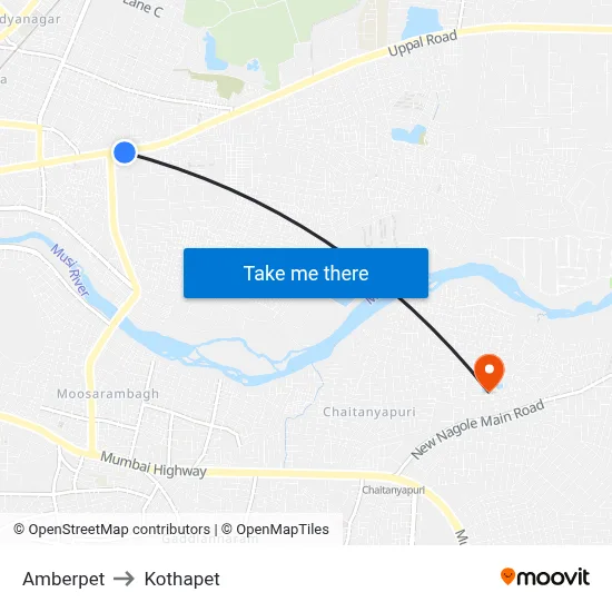 Amberpet to Kothapet map