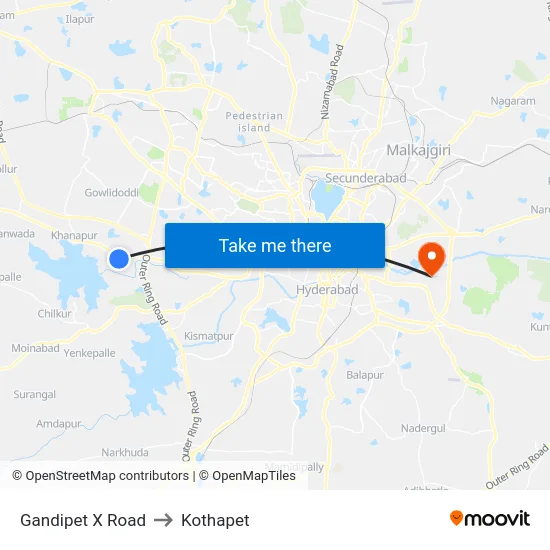 Gandipet X Road to Kothapet map